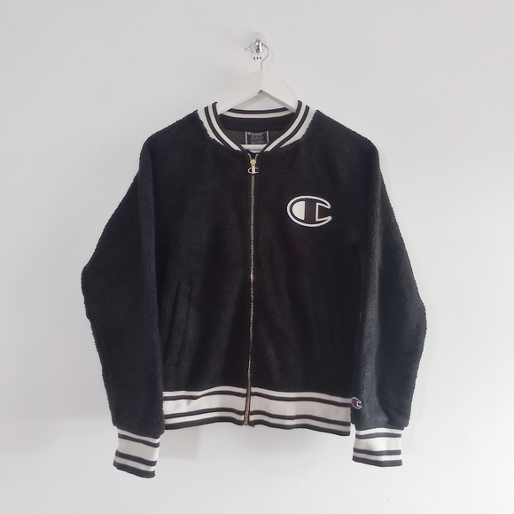 Champion Fleece Sherpa Zip Up Varsity Jacket - Size XS - Black white - Picture 3 of 6